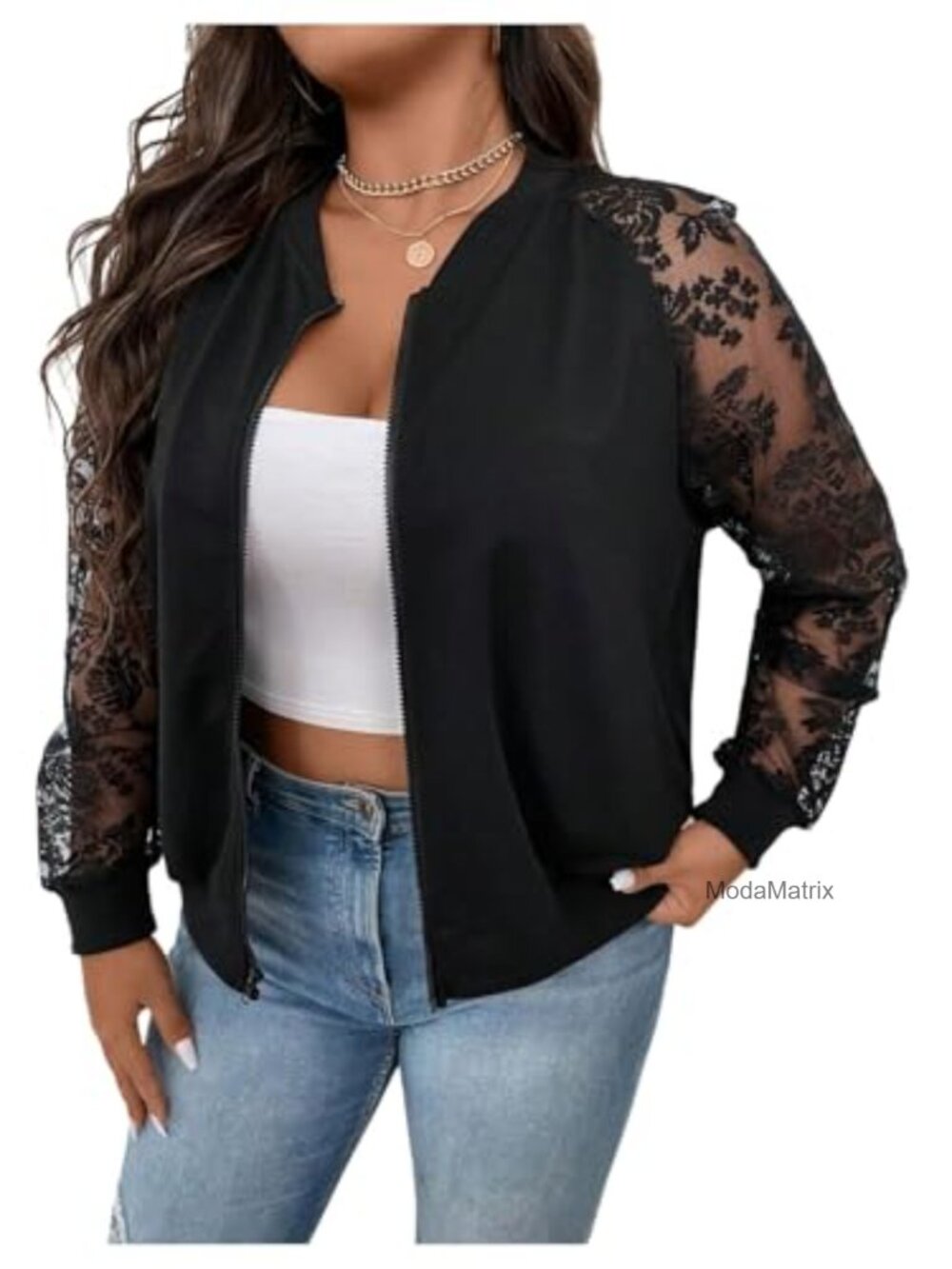 Plus Size Lace Zip Up Bomber Jacket Sheer Mesh Long Sleeve